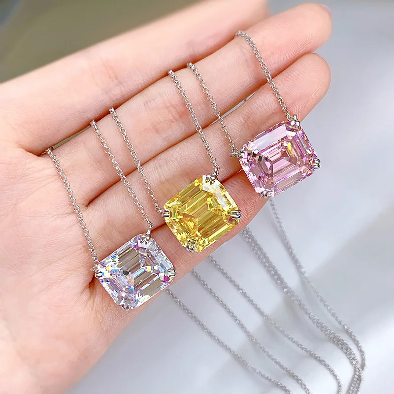 OANA Fashion Simple 925 Silver Yellow Diamond Rectangular Pagoda High Carbon Diamond Ladies Necklace Clavicle Chain Pendant