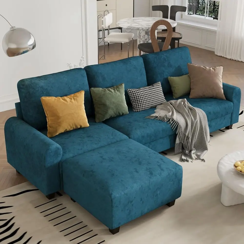 

Luxury Blue 4-Seat L-Shaped Velvet Sofa with Reversible Chaise and Washable Covers for Living Rooms and Small Spaces