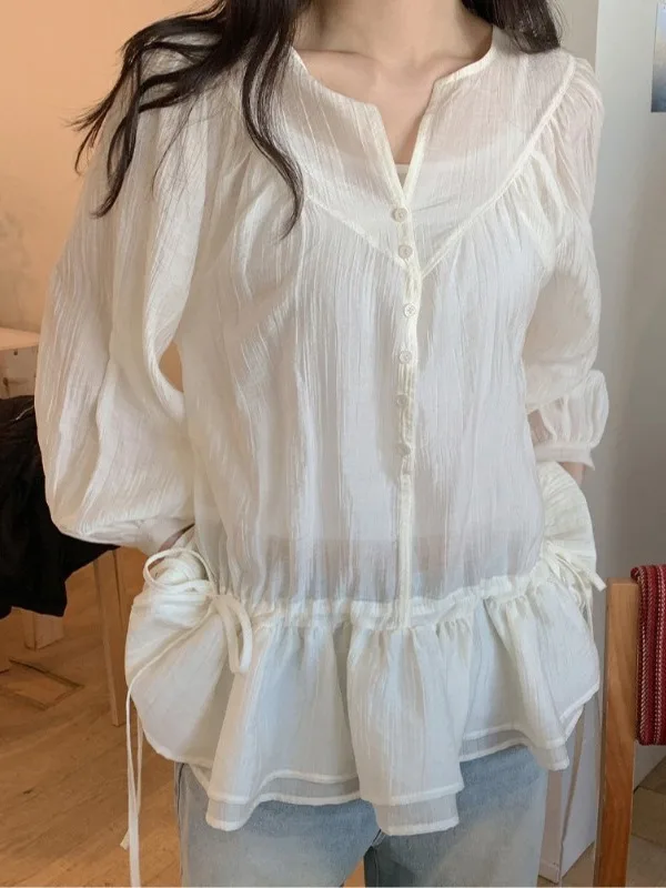 Chic Sweet Style Long Sleeve Drawstring Waist Shirt Women's New 2026 Fairy-Like Top Loose Fit Casual Wear Button Closure