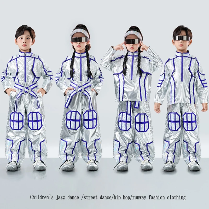 

Детские серебряные сценические костюмы, одежда для выступлений в стиле хип-хоп, костюм космонавта для мальчиков, топы с длинными рукавами для девочек, брюки, крутой BL17655