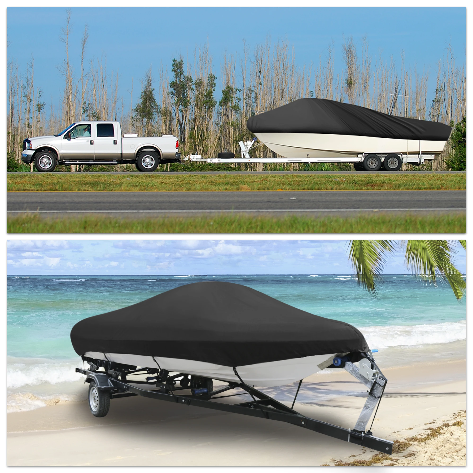 UXCELL 14-16ft 600D ผ้ากันน้ําป้องกันรอยขีดข่วน Trailable เรือ V-Hull สีดํา 540x290 ซม.