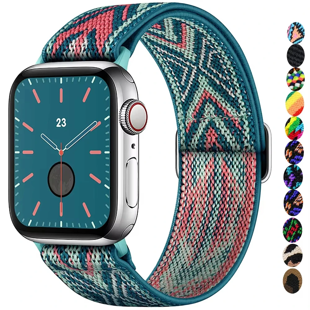 Bohemian Nylon Strap for Apple Watch ultra 2 49mm 41mm 45mm 38/40/44mm Elastic Shiny Bracelet iWatch Series 9/8/7 6 5 4 Se Band