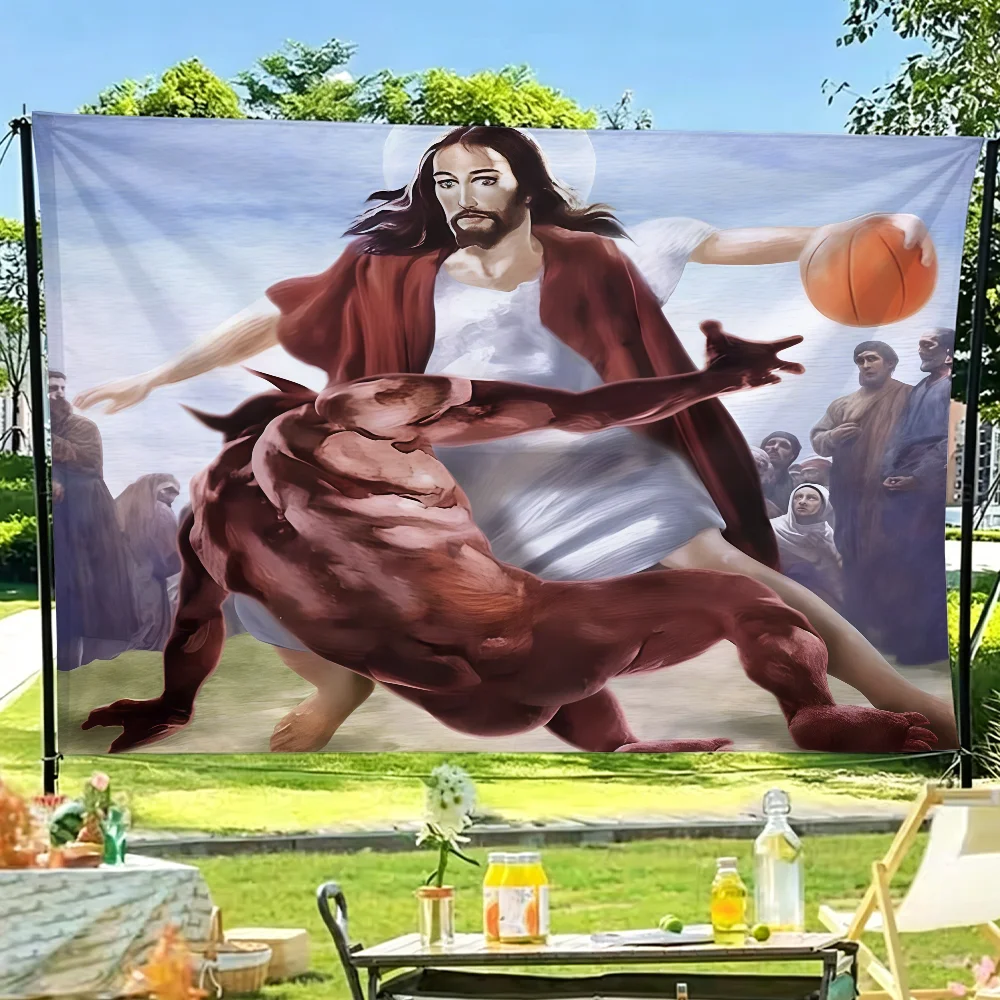 Jesus vs Satan Funny Basketball flag Tapestry Room Decoration Wall Tapestry Hanging Aesthetic Bedrooms Advertising Banner