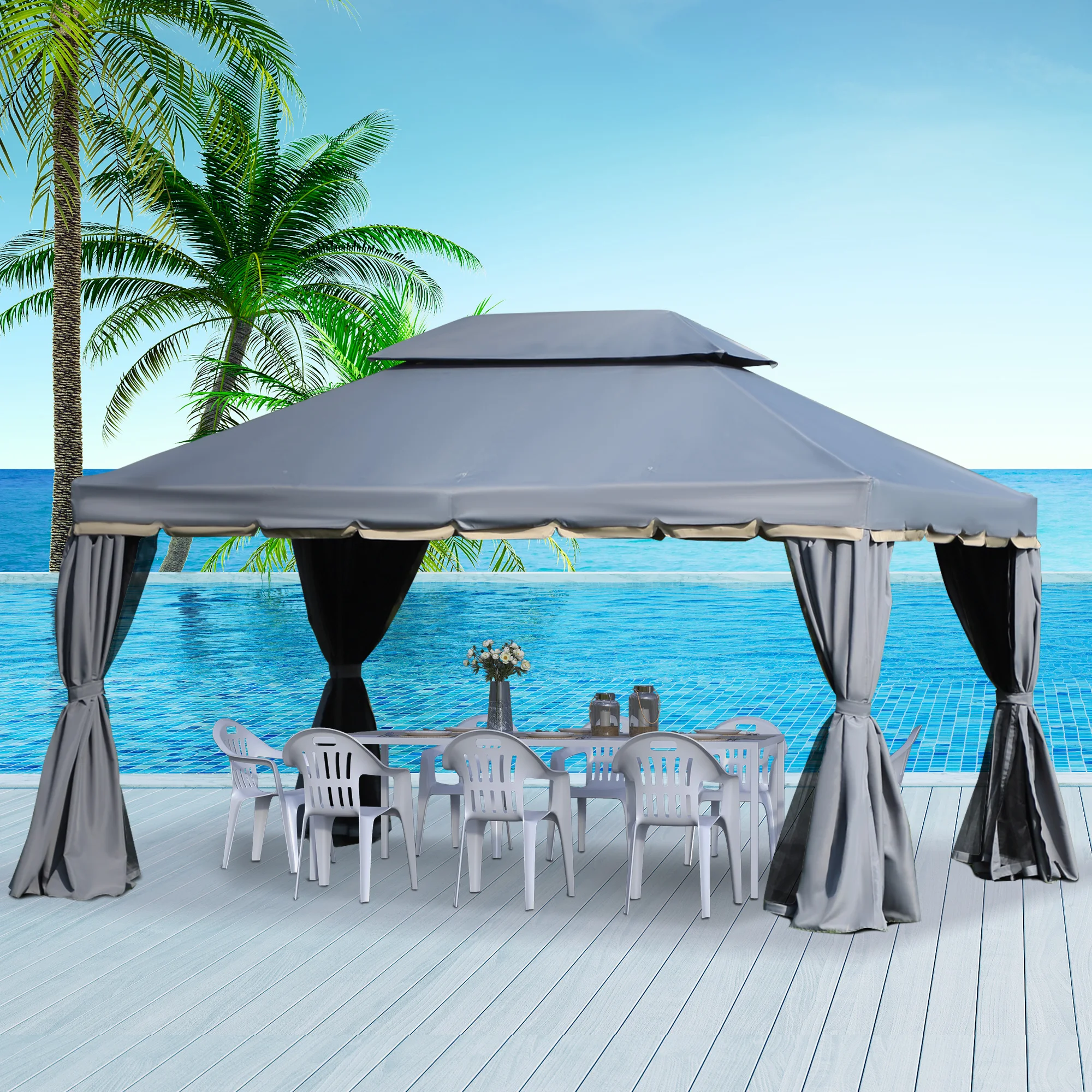 Fourth garden gazebo 4x3 m with double roof 4 curtains 4 mosquito nets