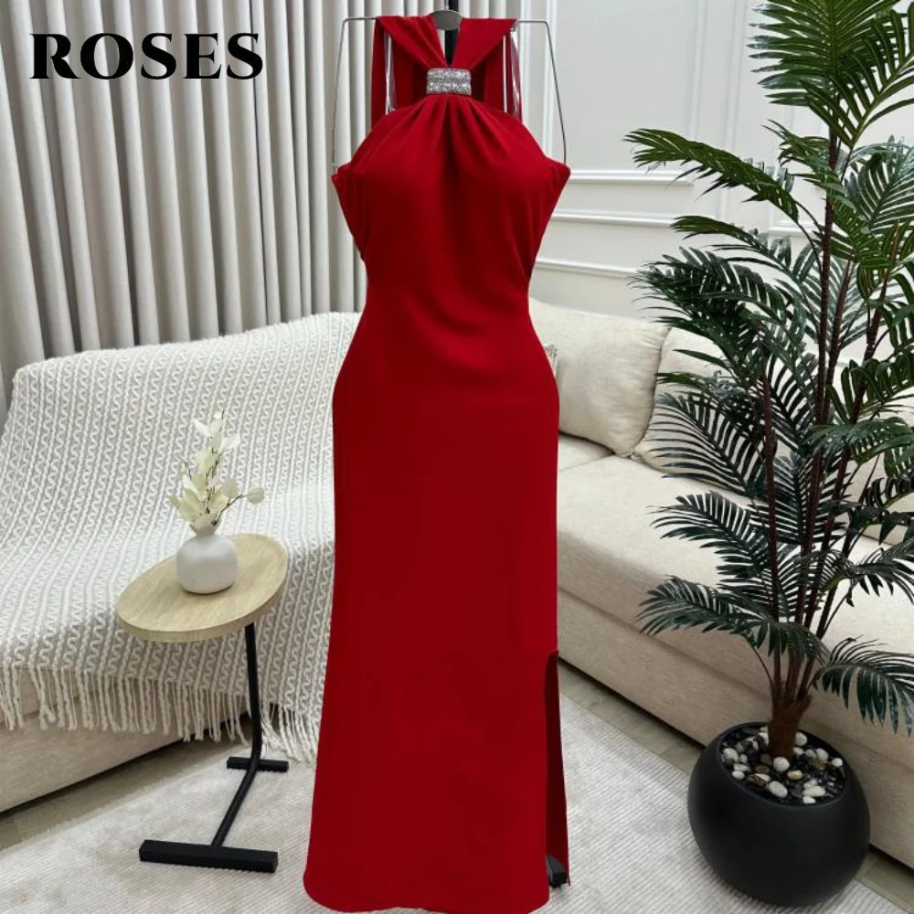 Rosas vermelho halter mancha vestido de baile plissados sereia vestidos de celebridades sexy sem mangas vestidos de noite femininos para gala personalizado