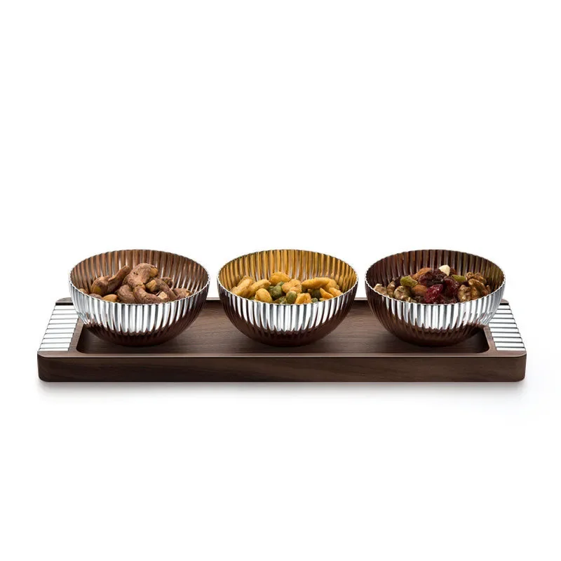 Walnut Stainless Steel Fruit Plate Round Three Grid Snack Bowl Luxury Household Tea Table Nut Dish Dried Food Separator Tray