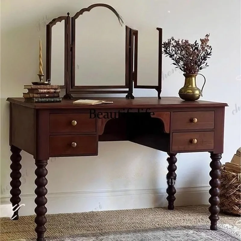 retro solid wood dresser, bedroom makeup table, antique simple Roman column storage side cabinet customization