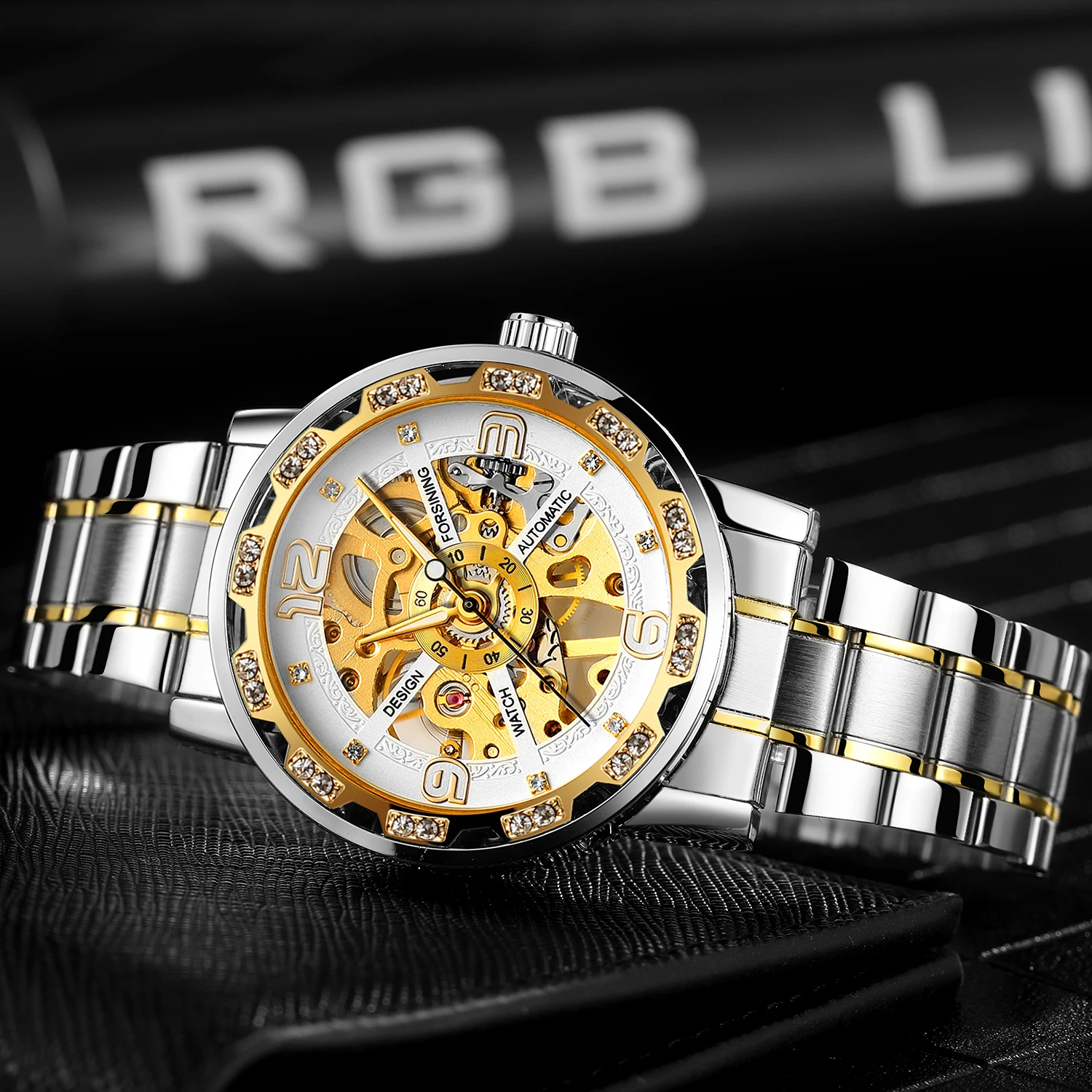 FORSINING модные деловые роскошные мужские механические часы со скелетом, светящиеся указатели со стразами, стальная гравировка, мужские наручные часы