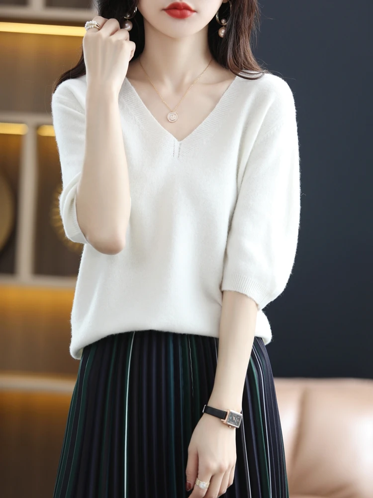 Spring Summer Women 100% Merino Wool Sweater Cashmere Short-Sleeve Tops V-Neck Knitwear Loose Pullovers Half Sleeve T-shirt