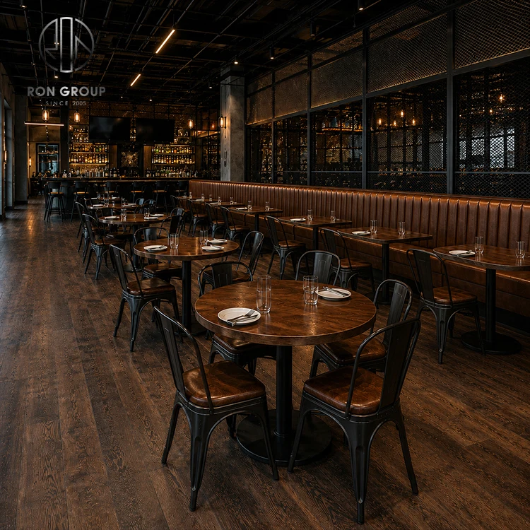 Ron Group Industrial Restaurant Round Square Wood Table Metal Chair High Back Leather Booth Seating Commercial Furniture Booth