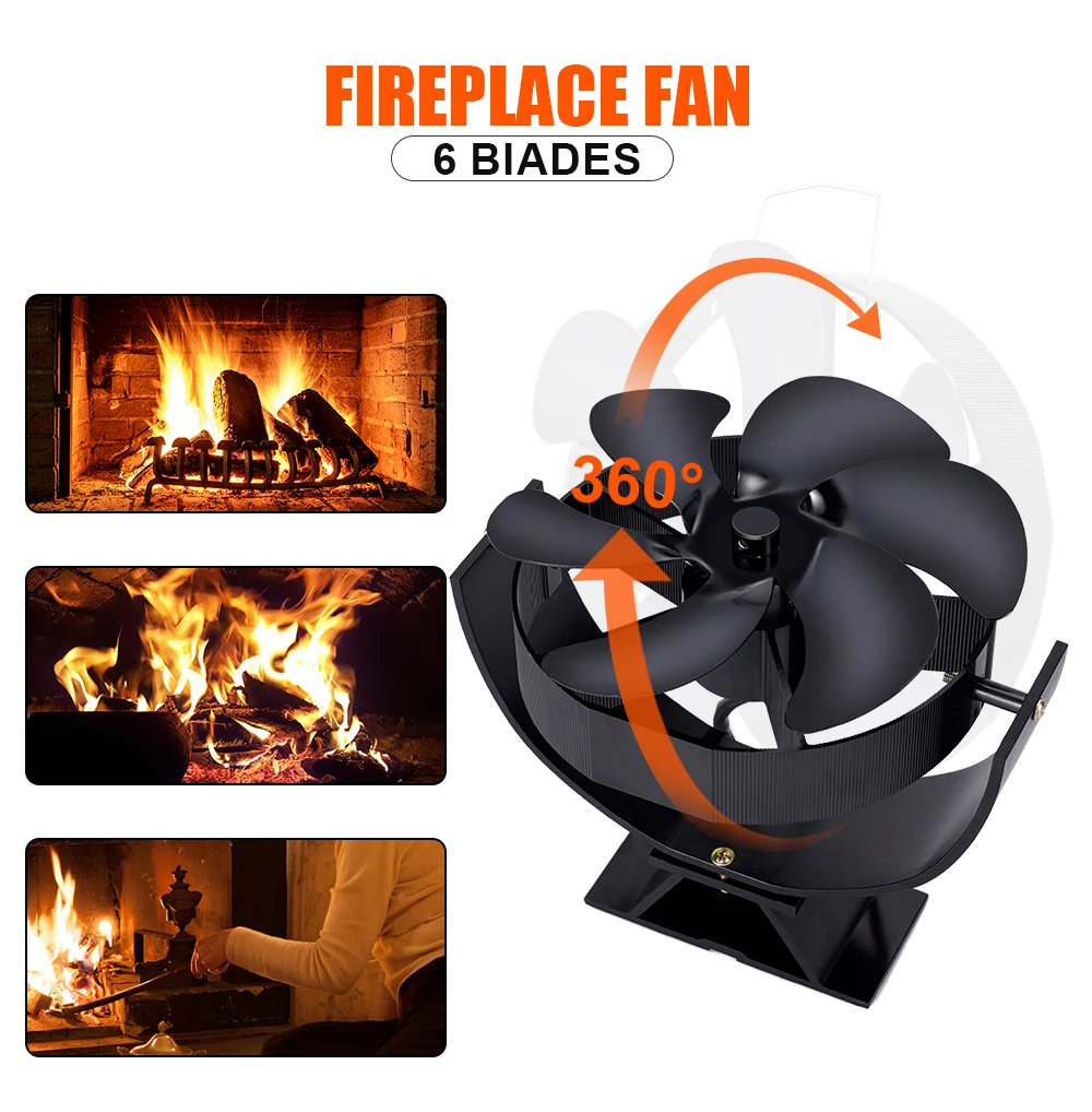 

360° Rotating Stove Fan 6-Blade Heat Powered Free Stand Fireplace Fan Eco Log Wood Burner Quiet Home Efficient Heat Distribution