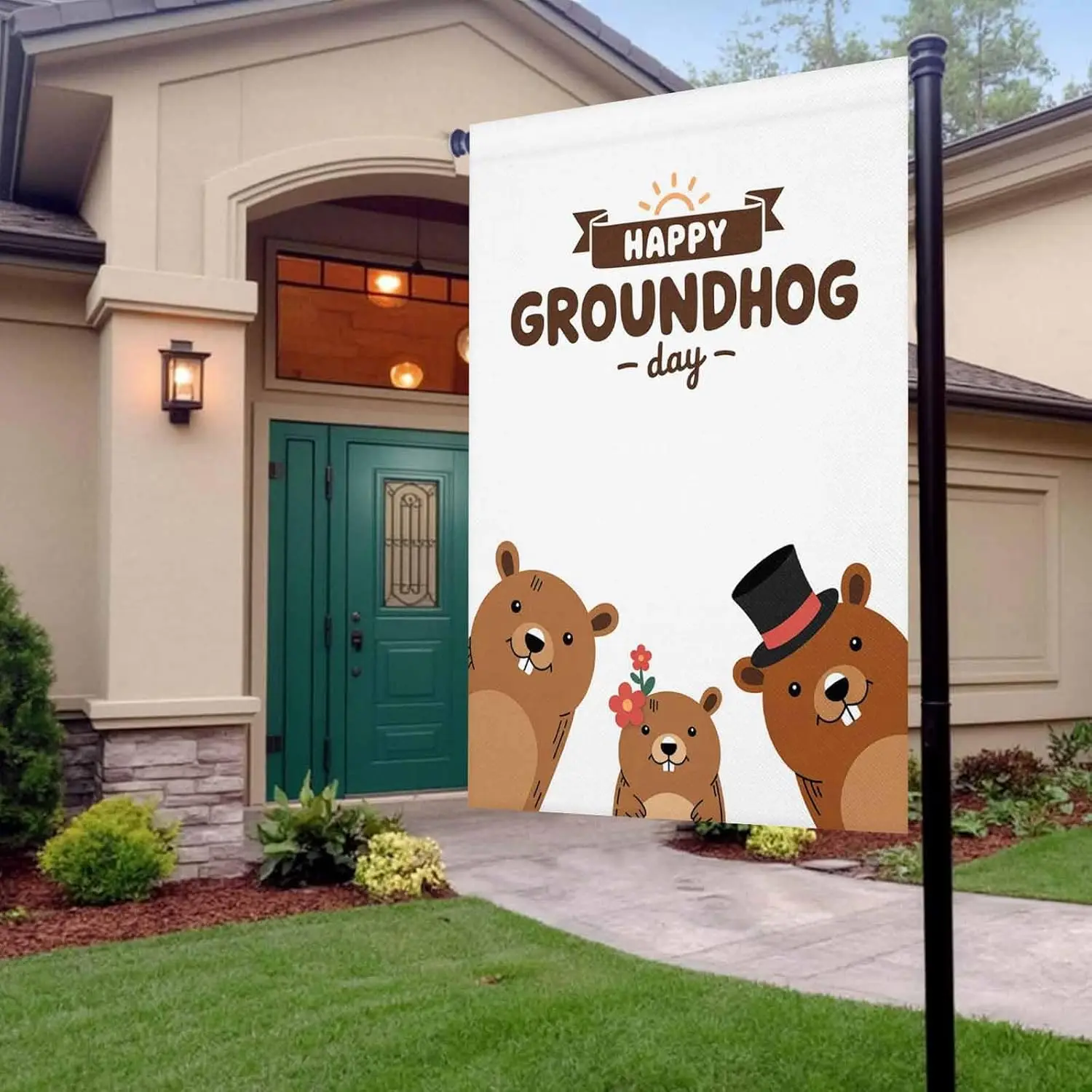 Happy Ground Day Garden Flag 12x18 Inch Country Cartoon Floral Hat Groundhogs Double Sided Yard Flags for Outdoor Decoration ZZM