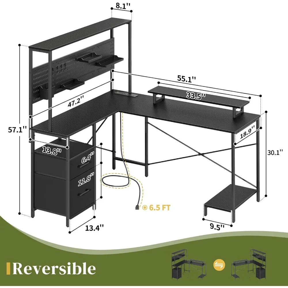 L-Shaped Gaming Desk with Pegboard LED Lights Power Outlet Drawers Storage Shelves Reversible Design for Gamers Home Office