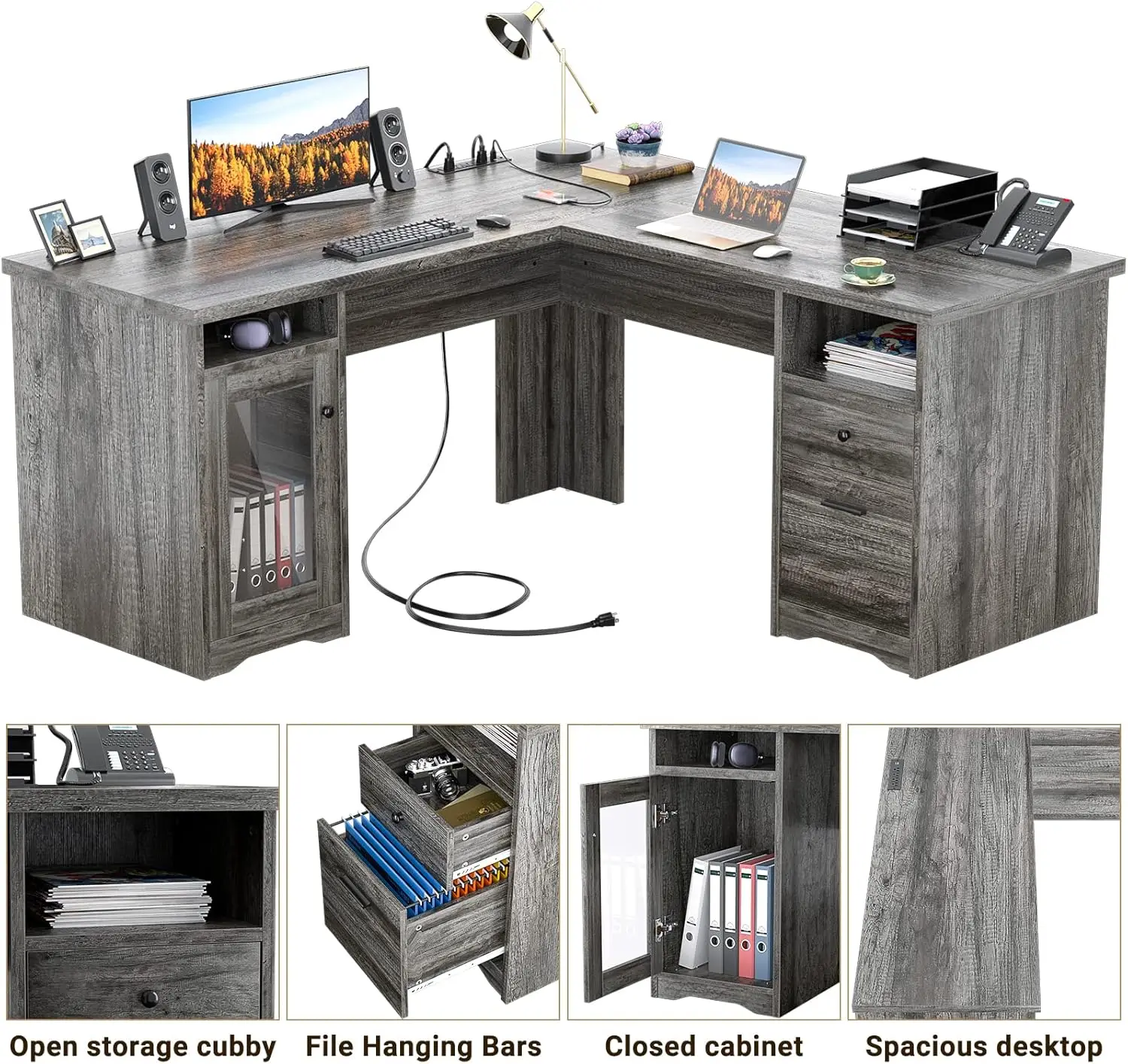 Unikito L Shaped Desk with Drawers, 60 Inch Corner Computer Desks with USB Charging Port and Power Outlet, Large 2 Person Home