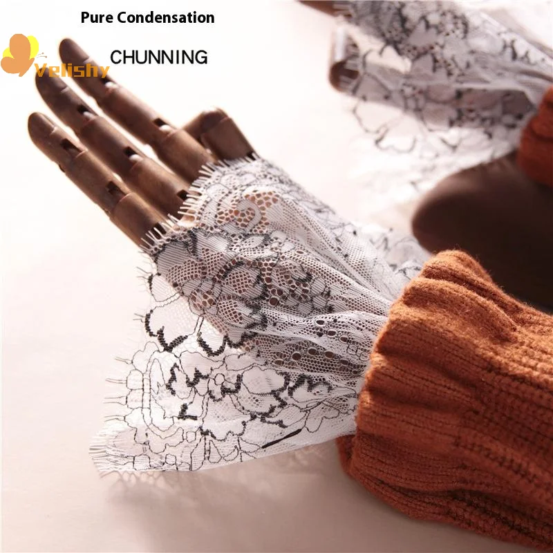 Female Girls Sweater Decorated Fake Sleeves Hollow Out Crochet Floral Lace Horn Cuffs Embroidery Flounces Elastic