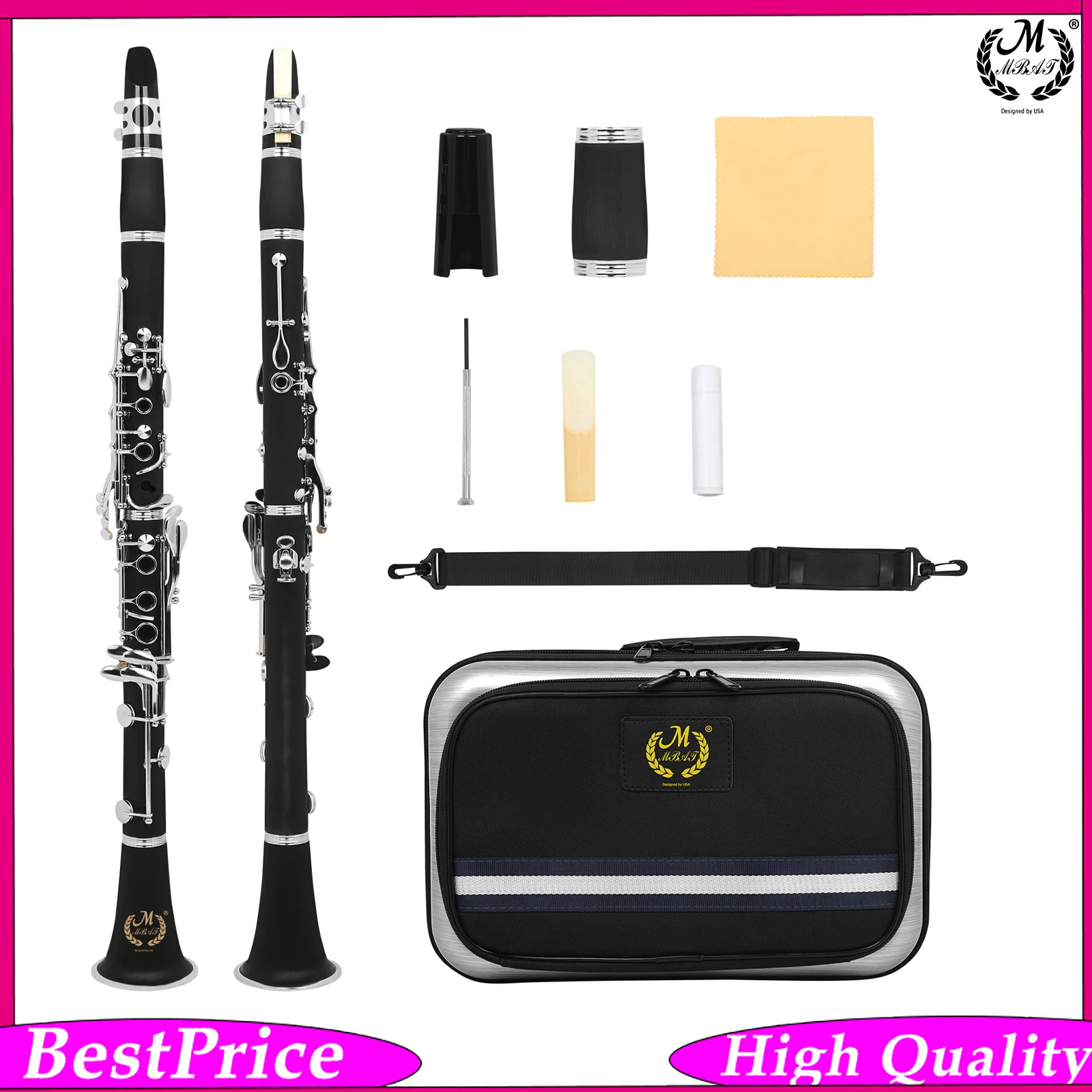 M MBAT 17 Keys Bb Clarinet ABS Tube Silver-plated Button Complete Set with Accessory Strap Case for Clarinet Performance Grading