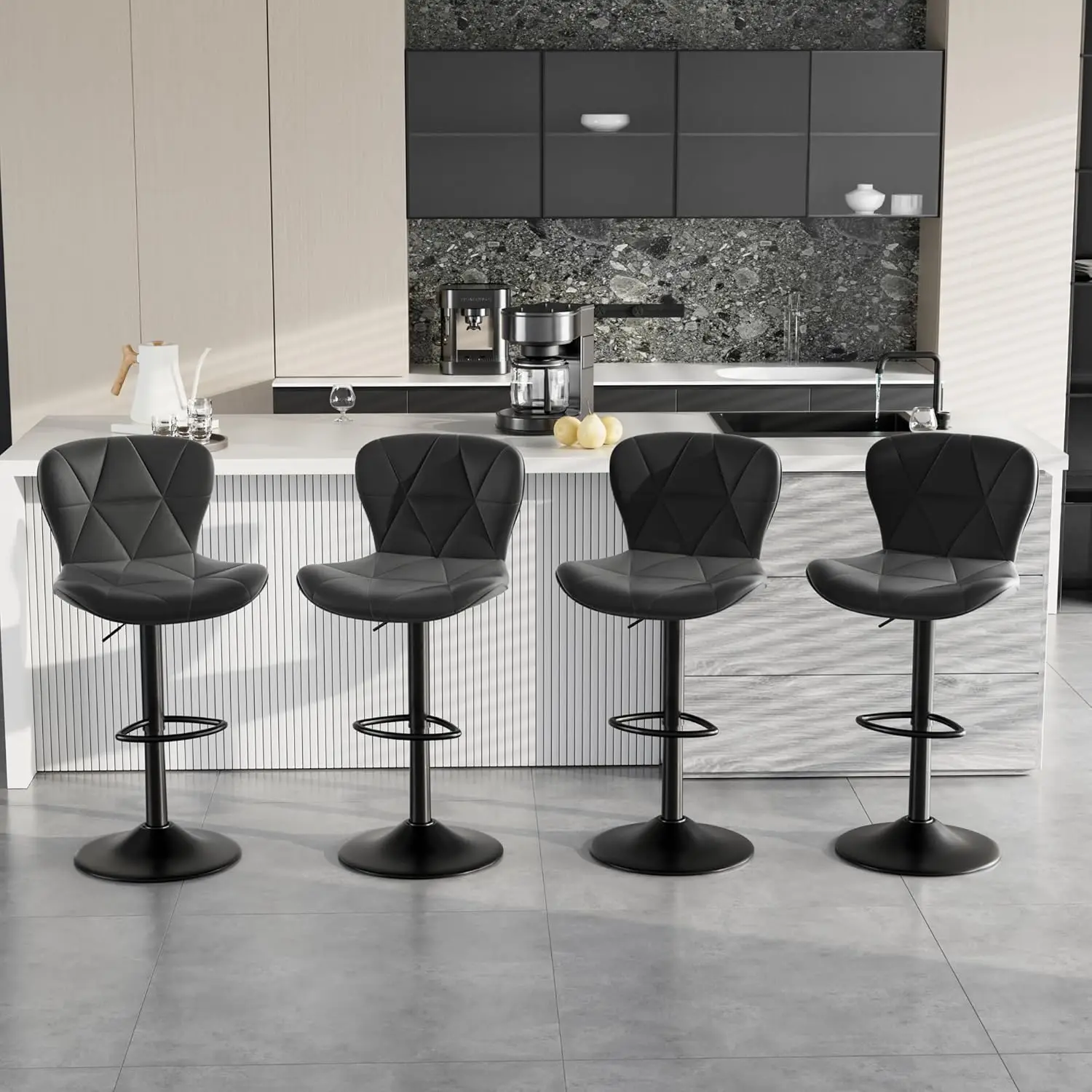 Bar Stools Set of 4,Adjustable Swivel Barstools, Faux Leather Bar Chairs,Upholstered Counter Height with High Backrest