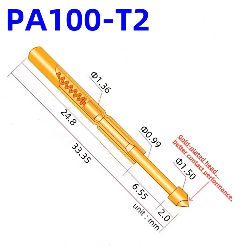 100PCS PA100-T2 Spring Test Probe PA100-T Test Pin P100-T P100-T2 Test Tool 33.35mm 1.36mm Needle Gold Tip Dia 1.5mm Pogo Pin