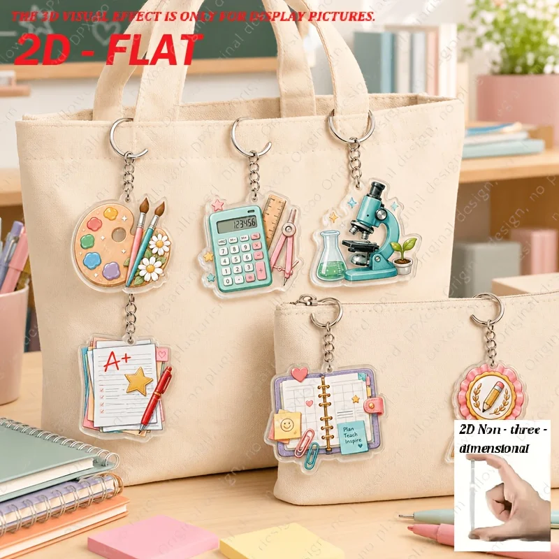 6pcs Teacher Appreciation Acrylic Keychain – 2D School Subject Design, Back-to-School Teacher's Day Gift