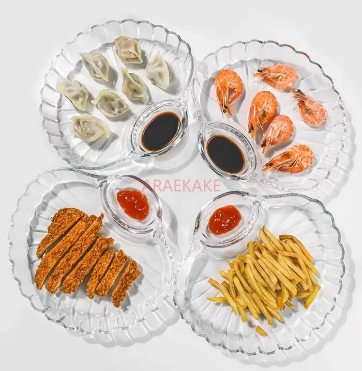 Dumpling plate with vinegar plate, home glass dumpling plate, special grid shell vegetable plate, creative fruit plate