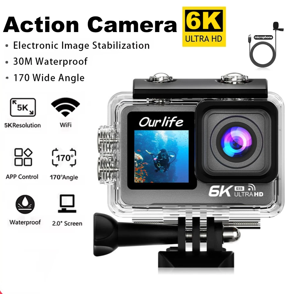 터치 LCD EIS 듀얼 스크린 와이파이 방수 액션 카메라, 6K, 5K60FPS, 4K60FPS, 50MP, 2.0 인치, 170D, 30M, 5X 줌, 스포츠 캠, 리모컨 포함 