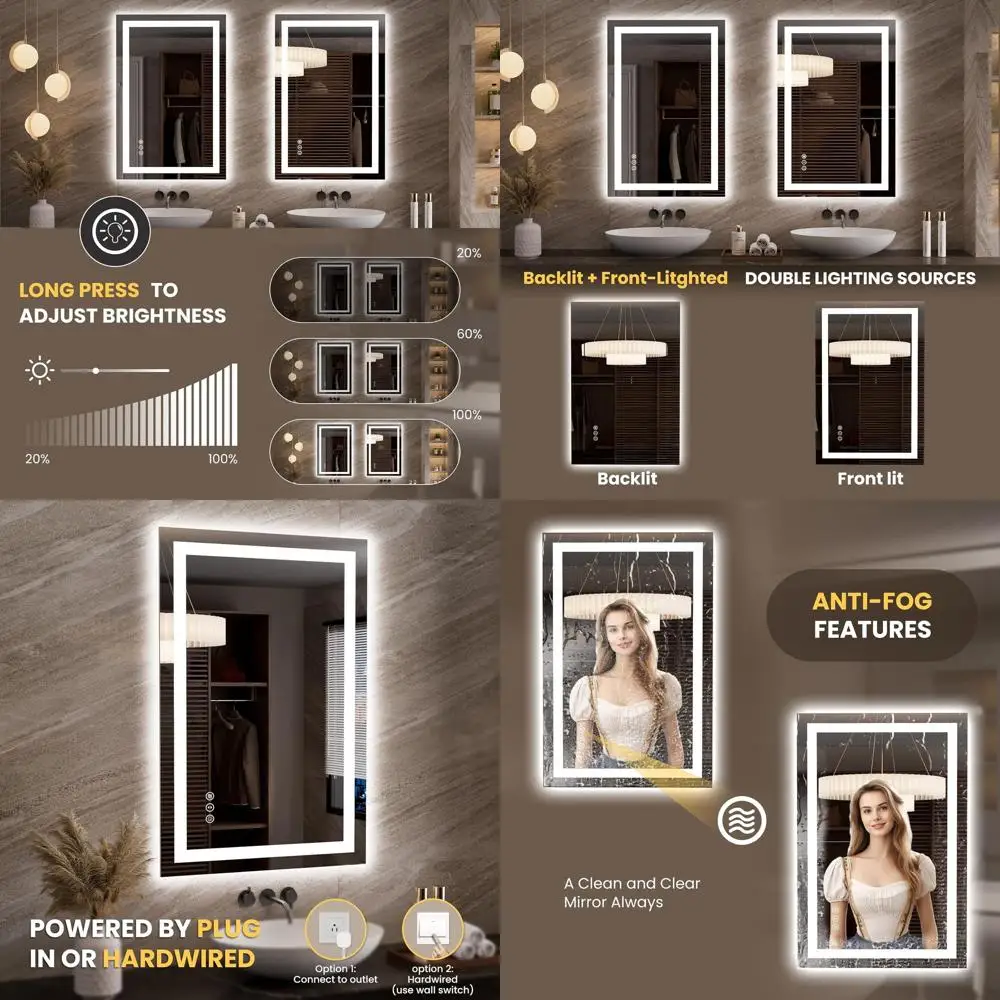 

Зеркало со светодиодной подсветкой и регулируемой яркостью, 23,6x35,4, противотуманное, функция памяти, простая установка, четкое отражение для ванной комнаты