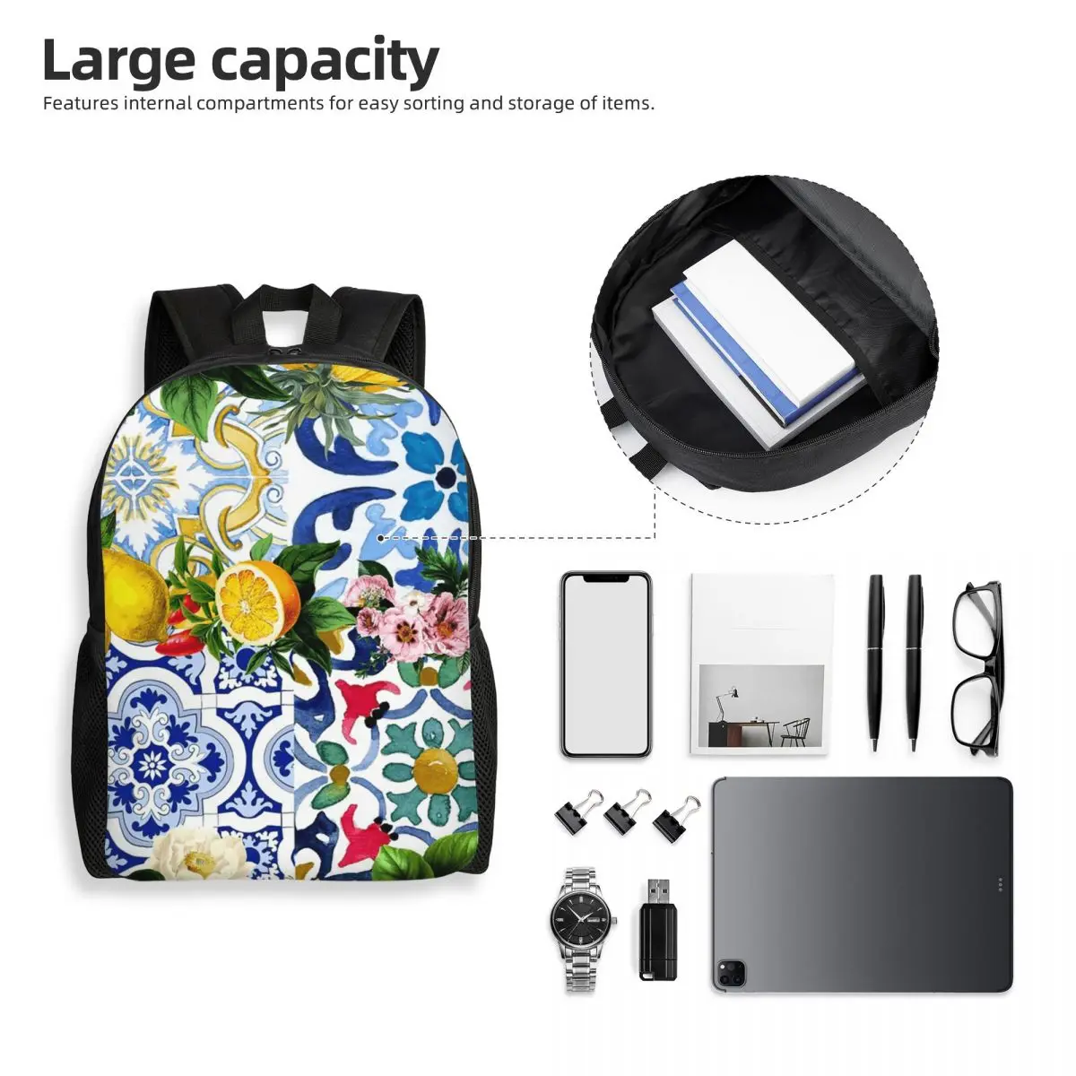 بلاط صقلية، البحر الأبيض المتوسط، فسيفساء، الليمون حقيبة ظهر الطالب حقيبة مدرسية المشي لمسافات طويلة السفر Daypack حقيبة الكتب الموضة حقائب الكتف #4
