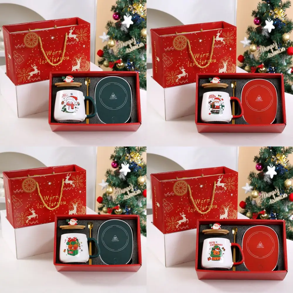 

55℃ Merry Christmas Gifts Kit Wooden Lid Santa Claus Pattern Ceramic Mug Snowman Warm Teaspoon for Office Home Use