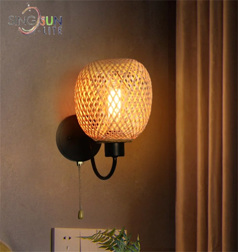 

Modern Bamboo Weaving Wall Lamp Idyllic Style Hand Woven Sconce Home Deco Bedside LED Wall Light With Switch Interior Lighting