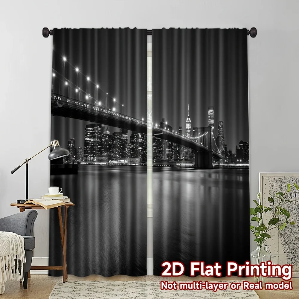 Urban Black White Brooklyn Bridge Curtain 2 Pack, City Night Skyscraper Reflection Print Drapes for Modern Bedroom Living Room