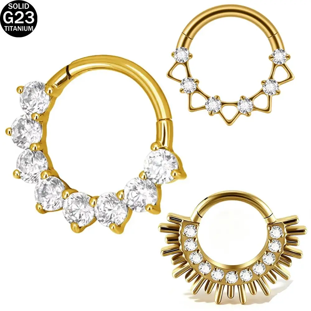 1Pcs ASTM F136 Titanium Ear Nose Ring Shiny CZ Surround Segment Ring Hoop Face Hinged Clicker Labret Ear Piercing Body Jewelry