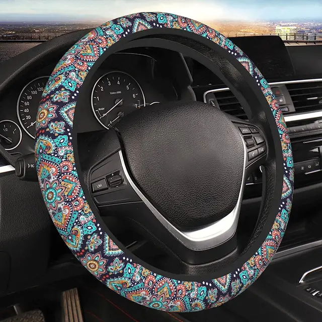Retro kolorowy Mandala elastyczny, rozciągliwy pokrowiec na kierownicę oddychający antypoślizgowy dopasowany do sedanów samochodów ciężarowych uniwersalny krój