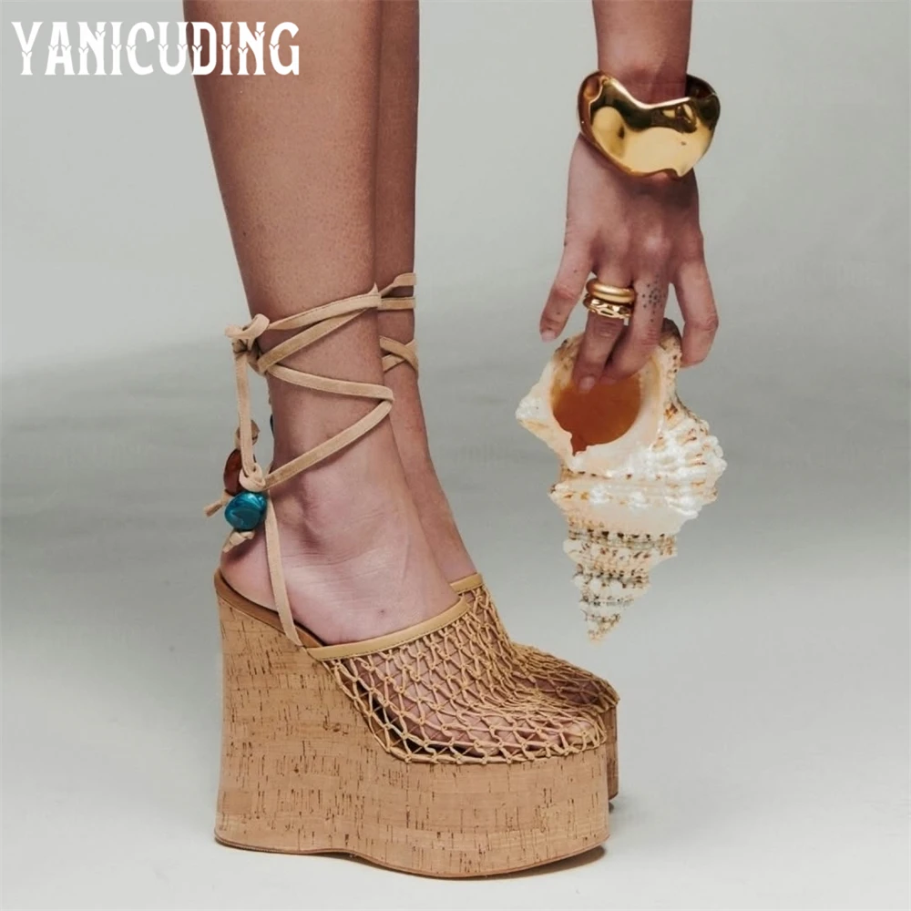 Woven Fishnet Platform Wedge Clog Sandals Ankle Strap Summer High Heel Sandals Designer Style Handmade Wedge Sandals for Women