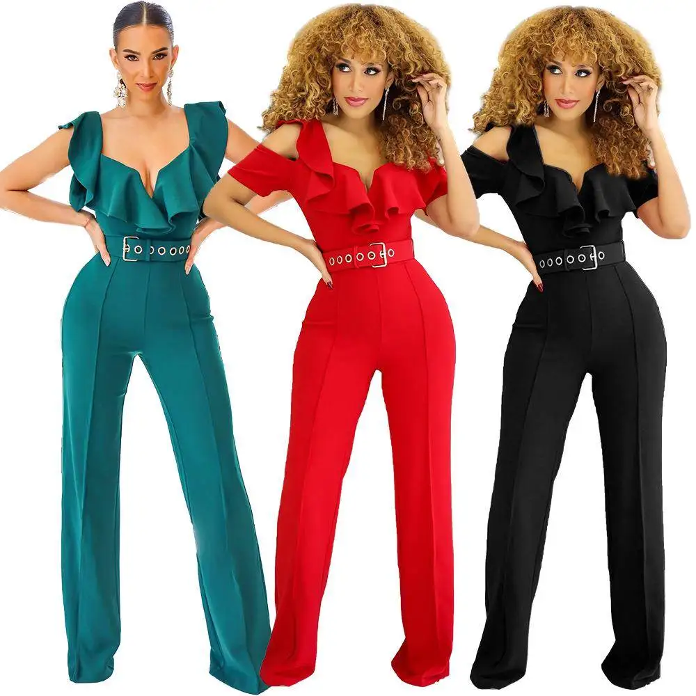 

Elegant High Waist Straight Leg Jumpsuit Shoulder Bared Hemline Casual Women's Pants High Quality Zipper Splice Mid-Aged Suit...