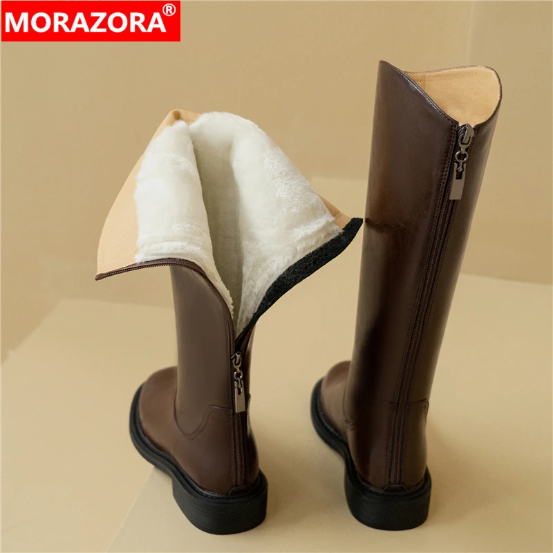 

MORAZORA 2024 New Genuine Leather Knee High Boots Women Zipper Winter Boots Fashion Thick Fur Warm Snow Booties Ladies Long Shoe