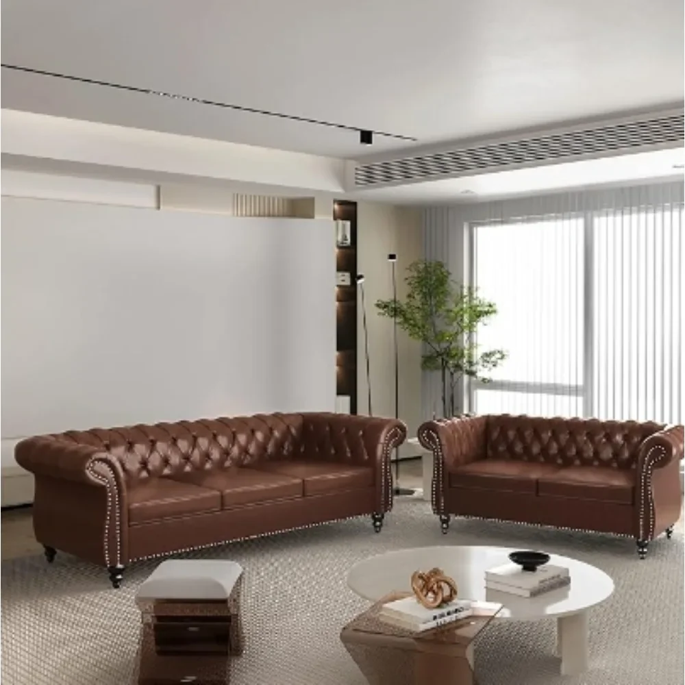 

2 Piece Living Room Set, Chesterfield Leather Sofa Loveseat Couch Chair with Scroll Arms and Nailhead for Living Room, Sofa