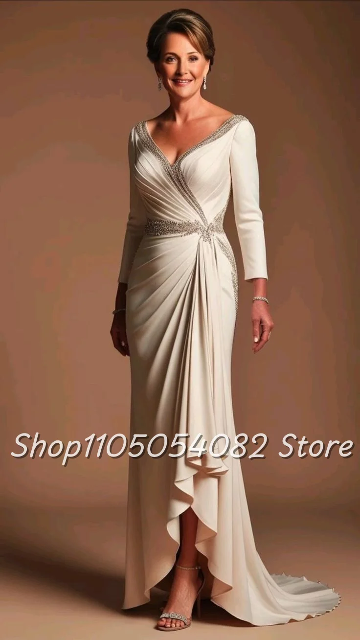 Customized White Simple Generous Mother Dresses V Neck Long Sleeve Beaded Ruffle Irregular Hem Floor Length Bride Mother Dresses