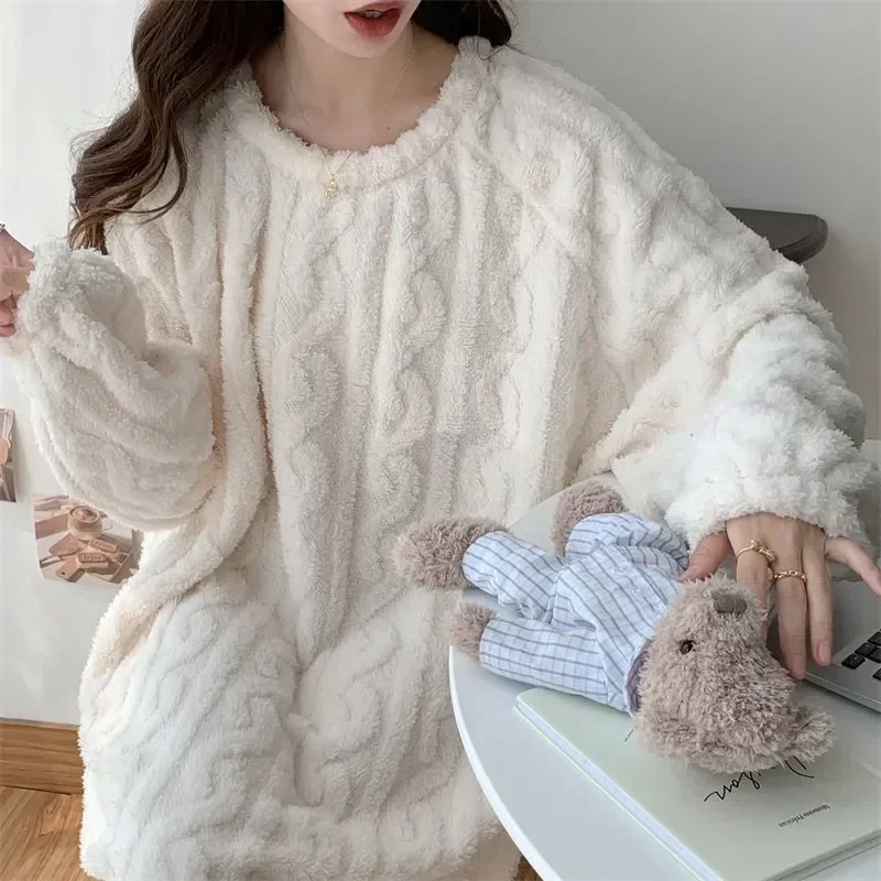 Style Ruffles 2023 Solid Dress One New Home Pajamas Korean Womens Wear Night Winter Fleece Sleeve Piece Sleepwear Long Nightgown