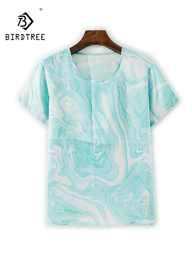 

BirdTree-Silk Elegant T-Shirt, O Neck Short Sleeve Geometry Printed, Women Fashion Commute Loose Top, 2026 Spring New T5D430CC