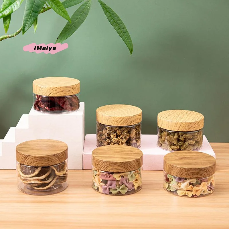 1 قطعة برطمانات بلاستيكية فارغة شفافة مع نسيج خشبي مقلد 30 مللي-300 مللي حاويات تخزين التوابل مع أغطية للاستخدام المنزلي #3