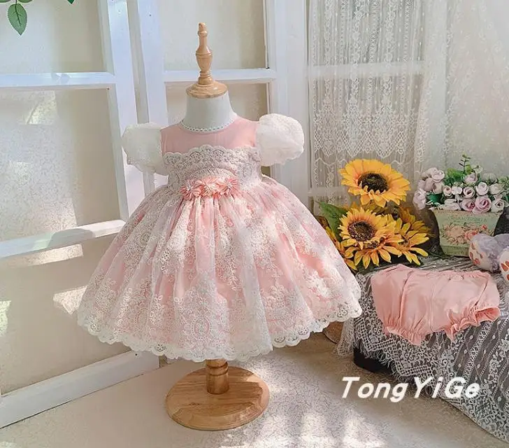 Spanish girls dress lace   baby birthday dress puff sleeve Loli pink princess dress