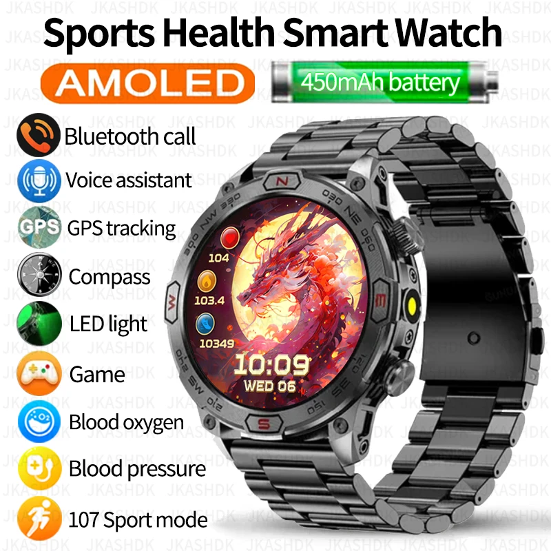 

Military Outdoor Sports Men's Smart Watch Compass GPS Track Weather AI Voice 107+Sports Modes 450mAh SmartWatch 2024 New Watches