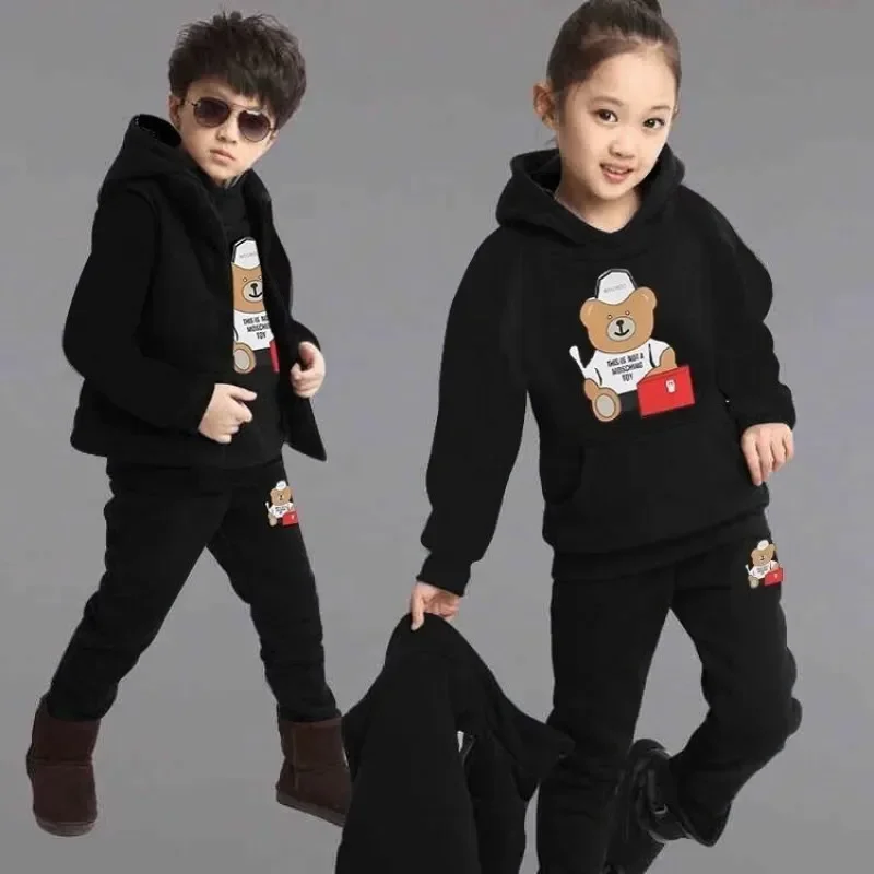 Boy Girls Fall Winter Thick Warm Clothing Set 3 Pcs Sweatshirt +Pants+Vest Cartoon Outfits Children Tracksuit School Uniform