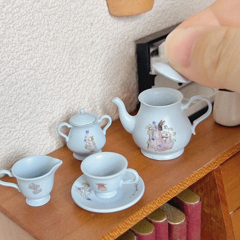 

[JN] 5 Pieces/Set Dollhouse Mini Porcelain Tea Cup Set Tableware Teapot Miniature Scene Toy