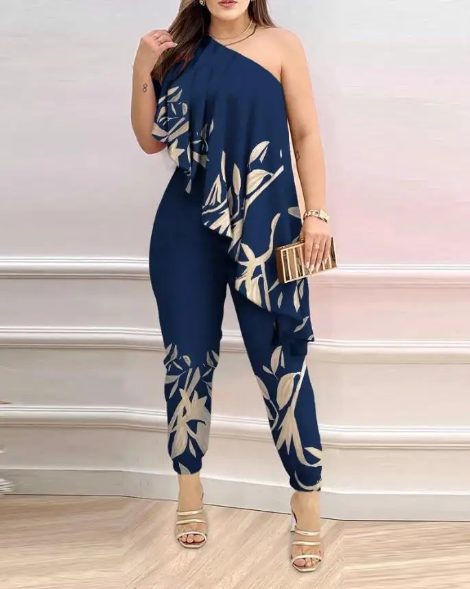 

Women's Sexy Jumpsuit 2024 Spring Summer Latest Plants Print One Shoulder Asymmetric Ruffles Romper Sleeveless Party Bodysuit