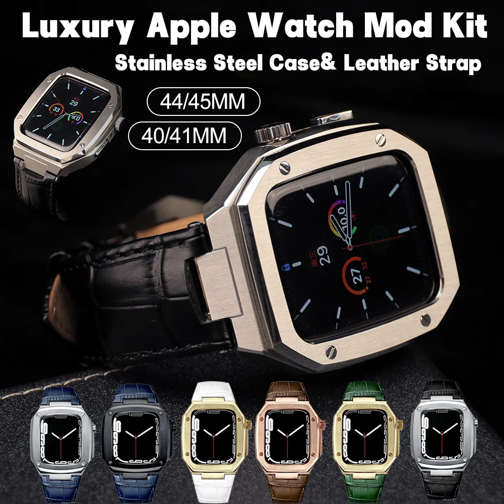 

Роскошный набор для модификации из нержавеющей стали для Apple Watch 9 8 7 45 мм, кожаный ремешок, металлический ремешок для фоточасов 6 5 4 SE 44 мм, набор ремешков