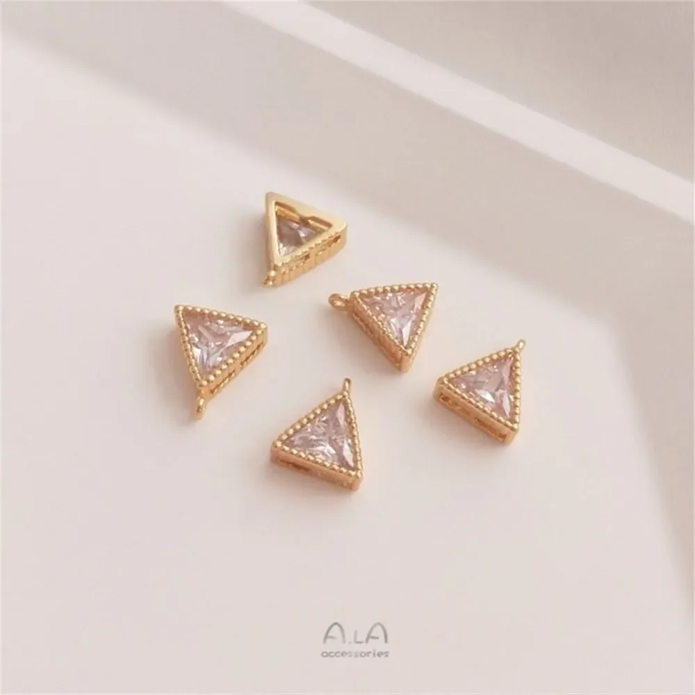 14K Solid Gold Inlaid Zircon Heart Triangle with Hanging Beads Pendant DIY Bracelet Earrings Accessories K147