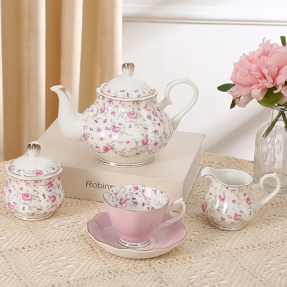 Pink flower decal printed English 15 pieces afternoon ceramic tea pot and cup set milk pot sugar jar full set with gift box