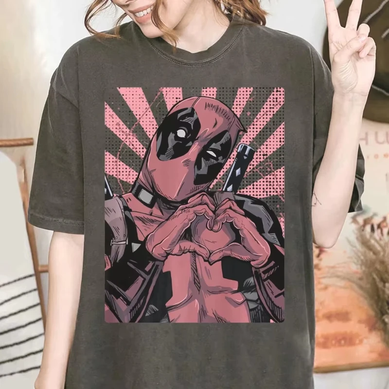 เสื้อยืดแขนสั้นลายเดดพูล MINISO ทรงปิดมือ ลายหัวใจ สำหรับผู้ชายและผู้หญิง สไตล์วินเทจ Y2K คอกลม ผ้าฝ้าย พิมพ์ลาย สตรีทแวร์