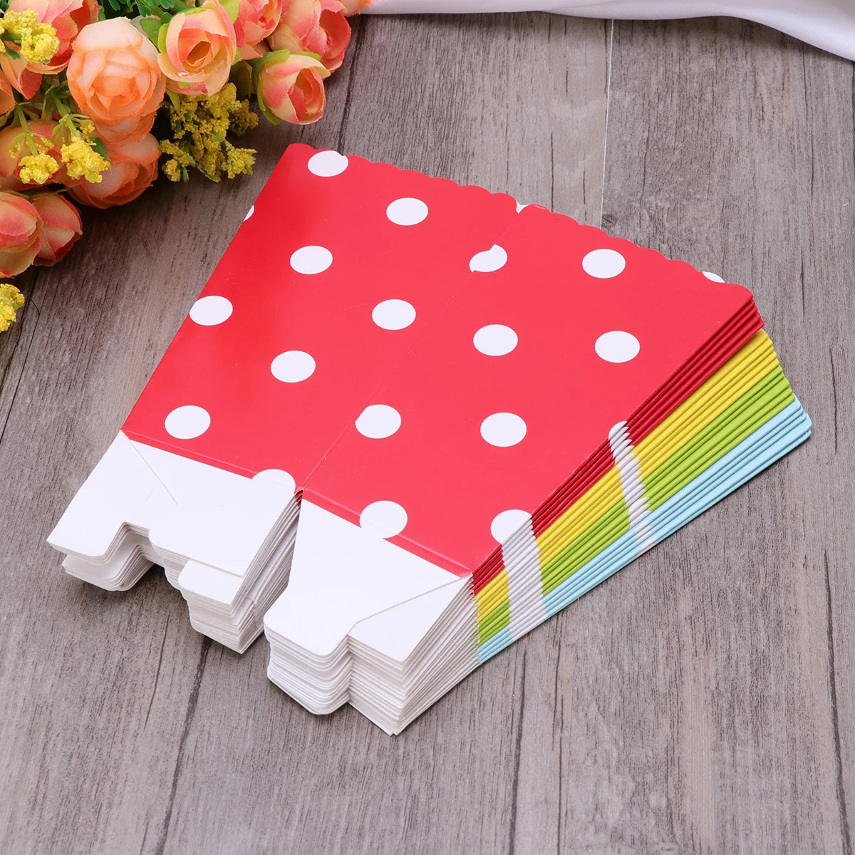 

24Pcs Popcorn Containers Cartons in Red Yellow Blue Green Food Safe Foldable Snack Boxes for Party Favors Picnic Wedding